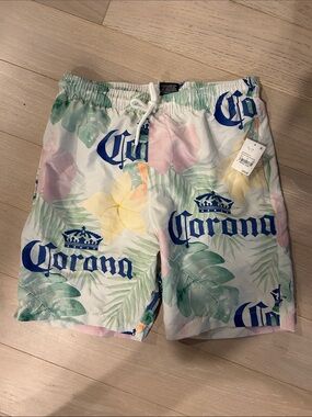 Corona Men's Tropical Logo Swim Shorts - White with Blue, Green, Yellow, Pink